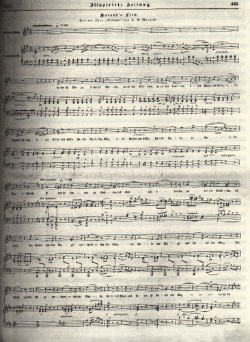 Abb 2: Horand's Lied "Über die Berge". Illustrirte Zeitung vom 14. Juni 1851, S. 425 (Bayerische Staatsbibliothek München); ebd. S. 65.