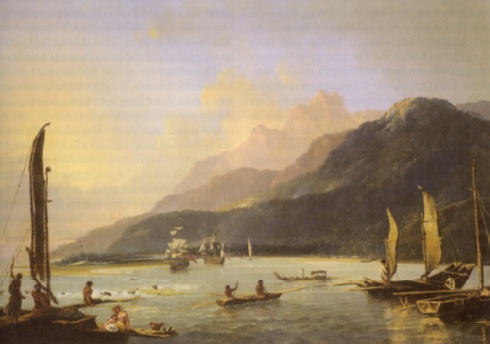 Die "Resolution" und "Adventure" in Matavai Bay, Tahiti, 1776 - William Hodges (1744-1797), Öl auf Leinwand (1776); ebd., Abb. S. 19