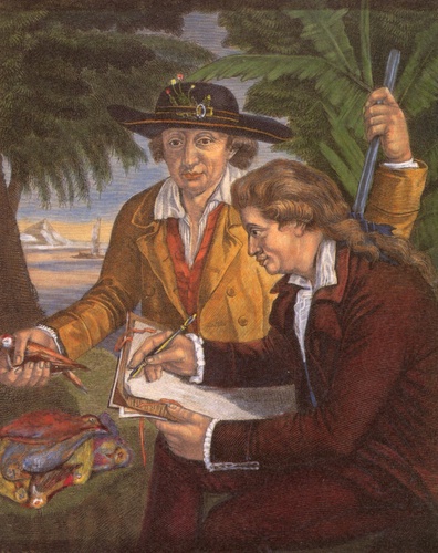 Johann Reinhold Forster mit seinem Sohn Georg Forster auf Tahiti - Kolorierter Holzstich nach einem Gemälde von John Francis Rigaud (1780); ebd., Abb. S. 23